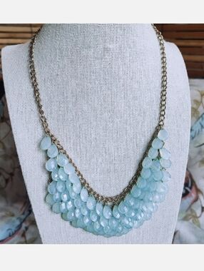 Seafoam Bluish Green Acrylic Gold Tone Teardrop Chainmaille Statement Necklace